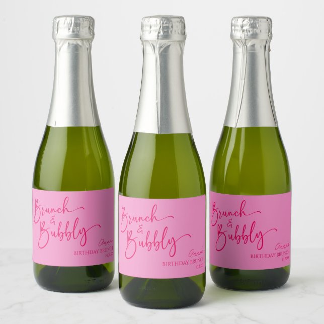 Hot Pink Brunch and Bubbly Birthday Brunch Party Sparkling Wine Label (Bottles)