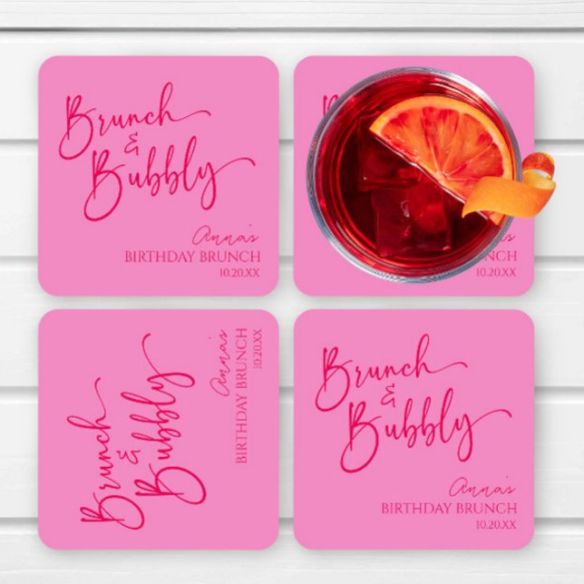 Hot Pink Brunch and Bubbly Birthday Brunch Party Square Paper Coaster (Creator Uploaded)