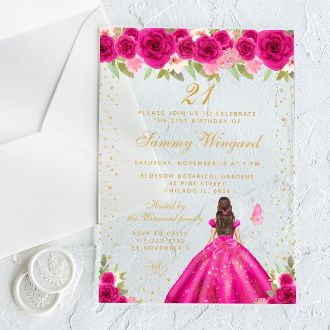 Hot Pink Brunette Hair Princess Birthday Party Acrylic Invitations (Creator Uploaded)