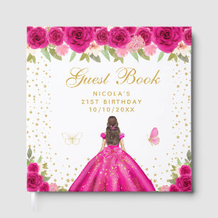 Hot Pink Brunette Hair Princess Birthday Party Guest Book