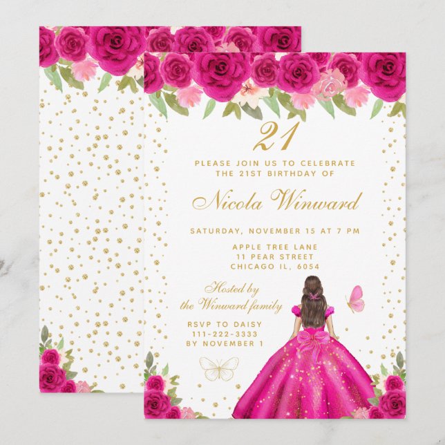 Hot Pink Brunette Hair Princess Birthday Party Invitation (Front/Back)