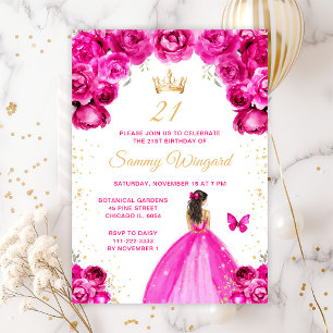 Hot Pink Brunette Hair Princess Birthday Party Invitation