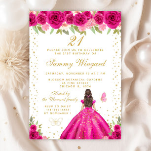 Hot Pink Brunette Hair Princess Birthday Party Invitation