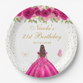 Hot Pink Brunette Hair Princess Birthday Party Paper Plate