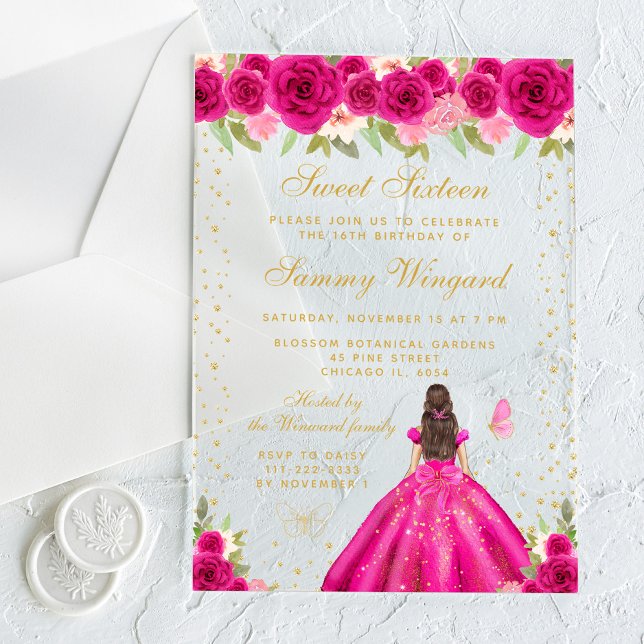 Hot Pink Brunette Hair Princess Sweet Sixteen Acrylic Invitations (Creator Uploaded)