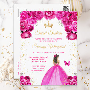 Hot Pink Brunette Hair Princess Sweet Sixteen Postcard