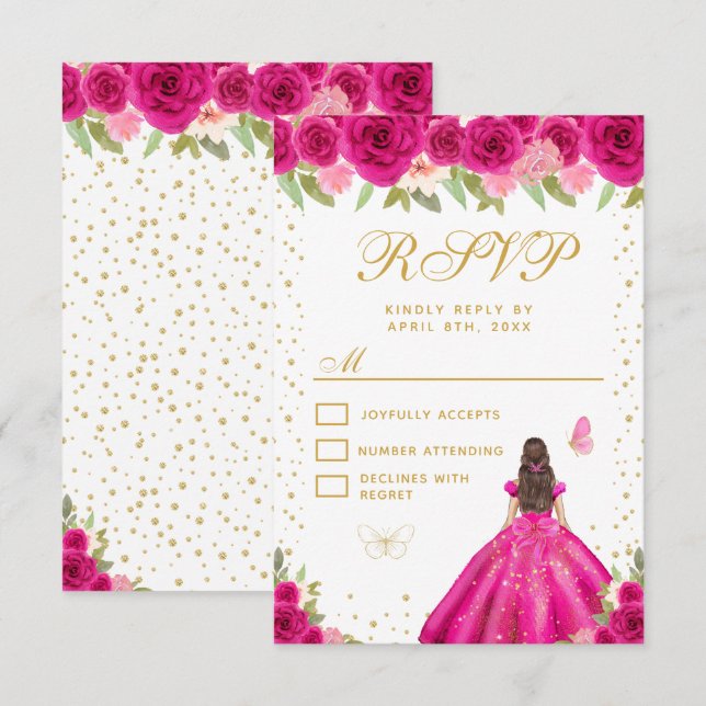 Hot Pink Brunette Hair Princess Sweet Sixteen RSVP Card (Front/Back)