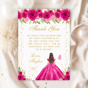 Hot Pink Brunette Hair Princess Sweet Sixteen Thank You Card