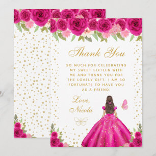 Hot Pink Brunette Hair Princess Sweet Sixteen Thank You Card