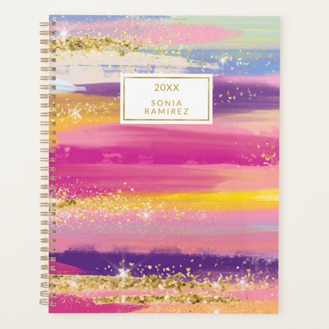 Hot Pink Brush Strokes Bright Gold Glitter Planner (Front)