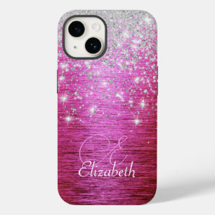 Hot Pink Brushed Metal Silver Glitter Monogram  Case-Mate iPhone 14 Case