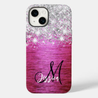 Hot Pink Brushed Metal Silver Glitter Monogram 