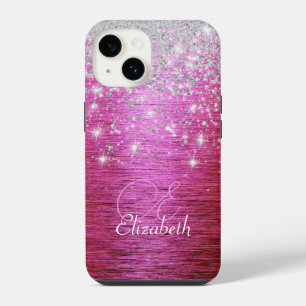 Hot Pink Brushed Metal Silver Glitter Monogram iPhone 14 Case