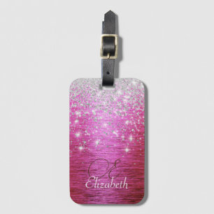 Hot Pink Brushed Metal Silver Glitter Monogram Luggage Tag