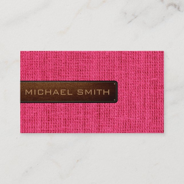 Hot Pink Burlap Linen Rustic Jute Look Leather Business Card (Front)