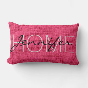 Hot Pink Burlap Rustic Monogram Lumbar Cushion