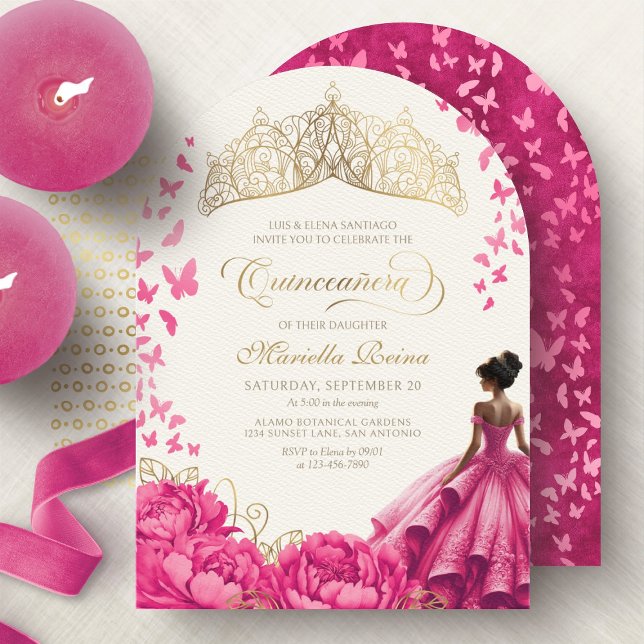 Hot Pink Butterflies Floral Tiara Quinceanera Invitation (Creator Uploaded)