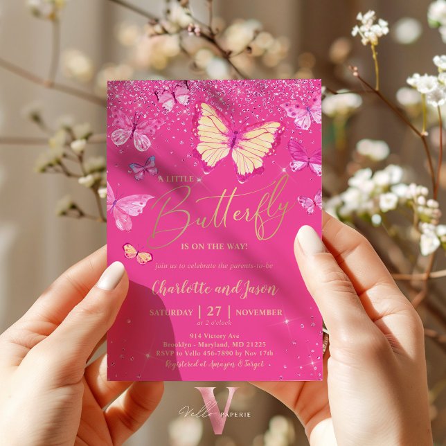 Hot Pink Butterfly Baby Shower Party Invitation (Creator Uploaded)