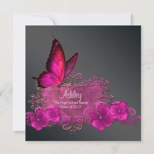 Hot Pink Butterfly Graduation Announcements (Front)
