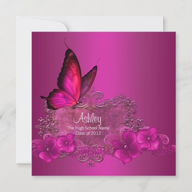 Hot Pink Butterfly Graduation Announcements (Front)