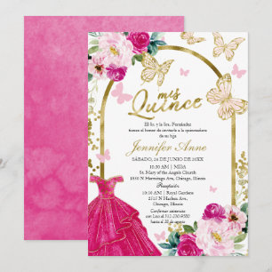 Hot Pink Butterfly Spanish Quinceanera Invitations