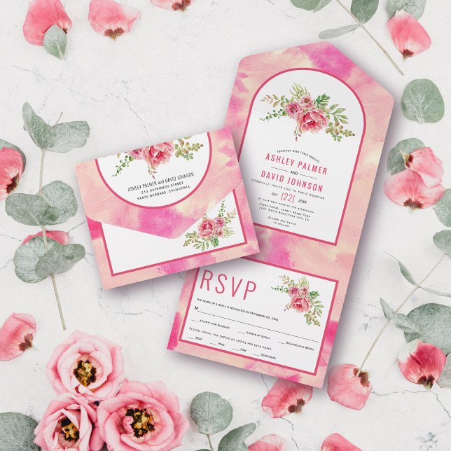 Hot pink cactus flowers, leaves floral wedding all in one invitation (Creator Uploaded)