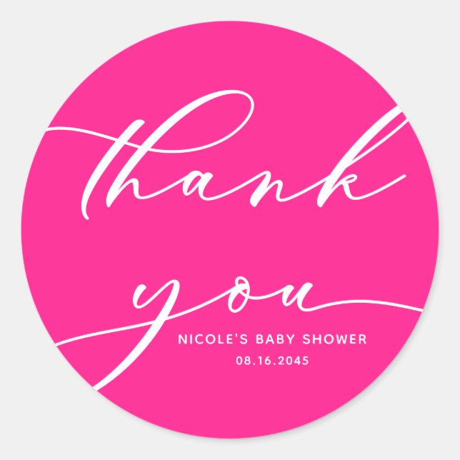 Hot Pink Calligraphy Baby Shower Thank You Classic Round Sticker (Front)