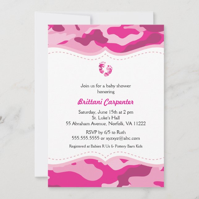 Hot Pink Camo Baby Shower Invitation with feet (Front)