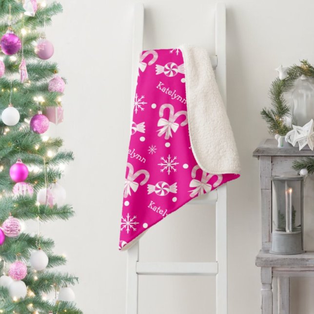 Hot Pink Candy Canes Peppermint & Snowflakes Name Sherpa Blanket (Creator Uploaded)
