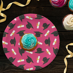 Hot Pink Cap Diplomas Pattern Graduation Party Paper Plate