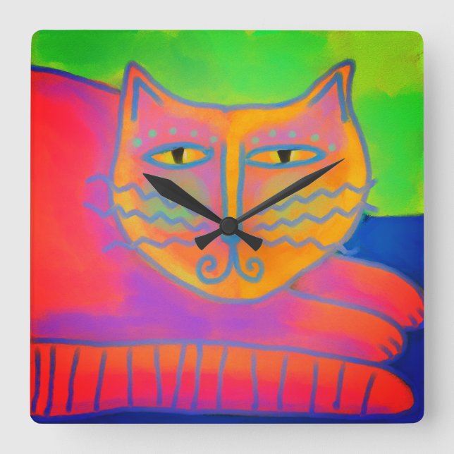 Hot Pink Cat Abstract Art Square Wall Clock (Front)