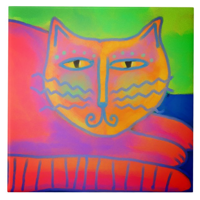 Hot Pink Cat Abstract Digital Painting Tile (Front)