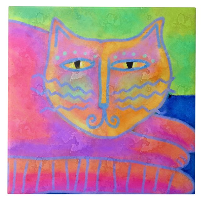 Hot Pink Cat Abstract Painting Tile (Front)