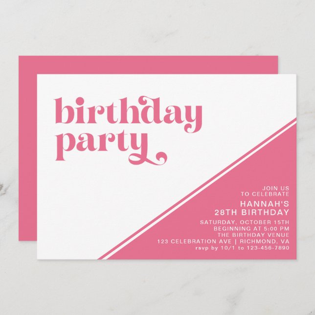 Hot Pink Cerise Retro Girly Any Age Birthday Party Invitation (Front/Back)