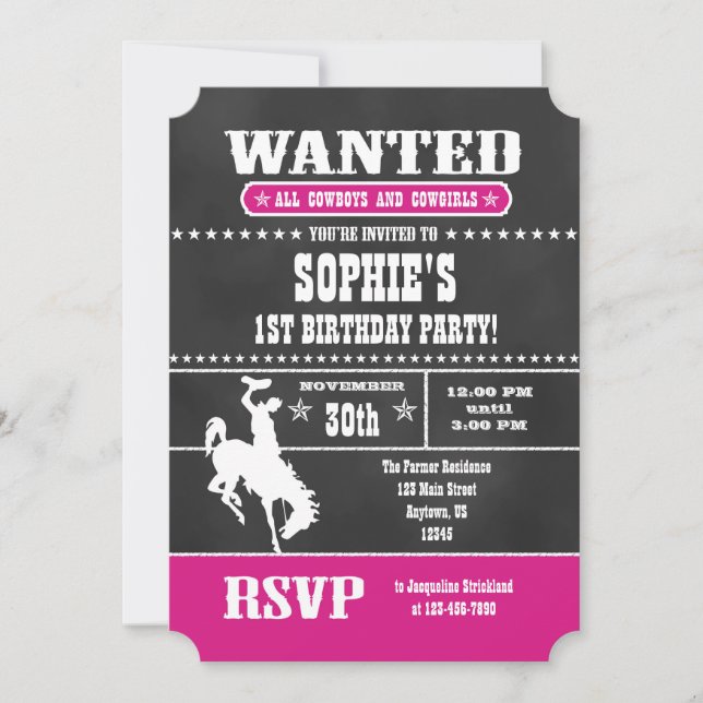 Hot Pink Chalkboard Cowboy Birthday Invitation (Front)