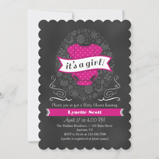 Hot Pink Chalkboard Girl Baby Shower Invite (Front)