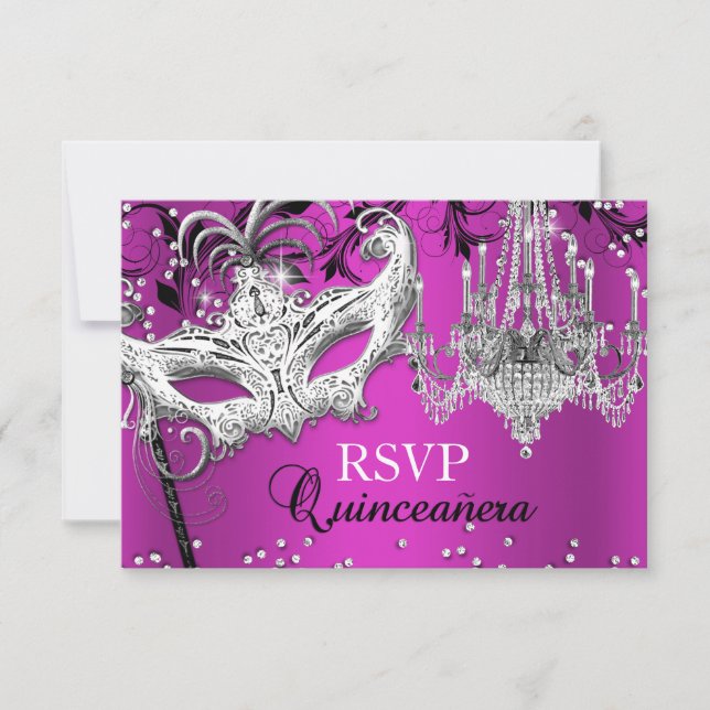 Hot Pink Chandelier Masquerade Quinceanera RSVP Card (Front)
