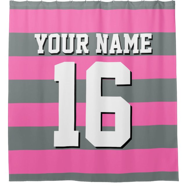 Hot Pink Charcoal Sports Jersey Preppy Stripe Shower Curtain (Front)
