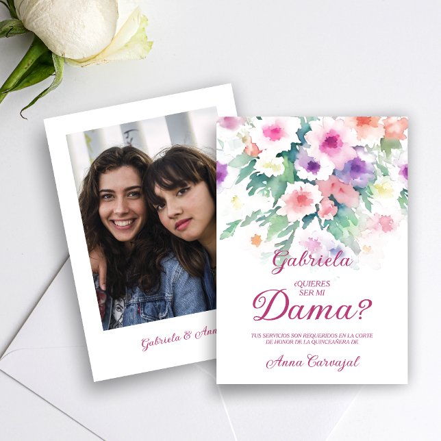 Hot Pink Charming Delicate Wildflowers Quinceañera Invitation (Hot Pink Spanish Charming Delicate Colorful Wildflowers Quinceañera Dama with Photo Proposal Card. )