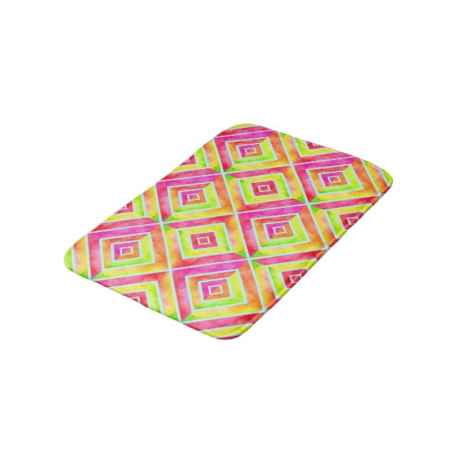 Hot pink, chartreuse retro watercolor pattern bath mat (Angled)