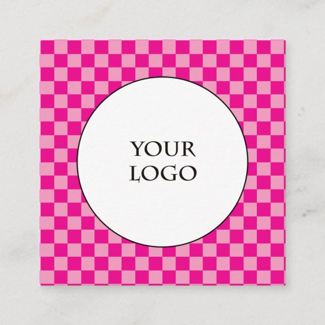 Hot Pink Checks Pattern & Big Logo Square Business Card (Front)