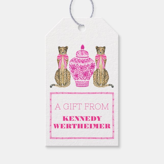 Hot Pink Cheetah Chinoserie Gift Tag (Front)