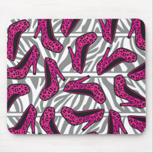 Hot Pink Cheetah High Heel Shoe Print on Zebra Mouse Pad