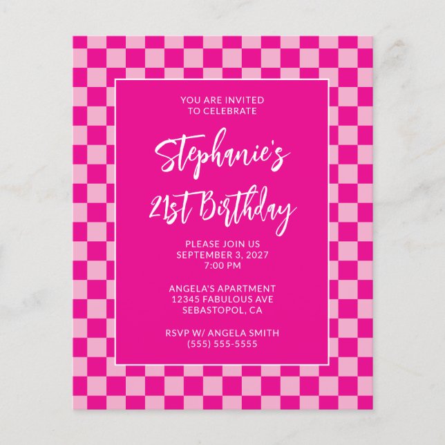 Hot Pink Chequered Bold 21st Birthday Flyer (Front)