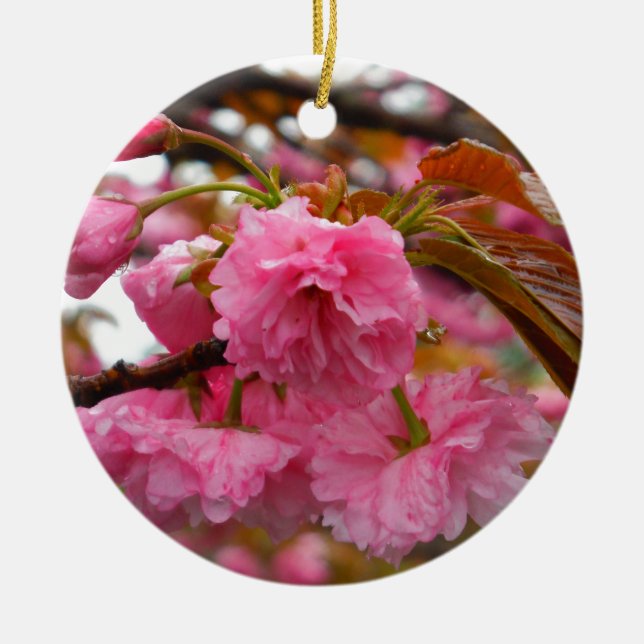 Hot Pink Cherry Blossom Flowers Ceramic Tree Decoration (Front)