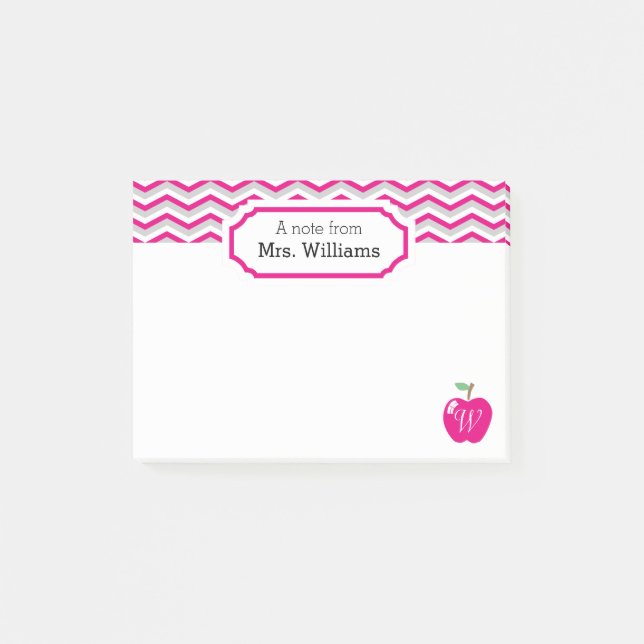 Hot Pink Chevron Apple Monogrammed Teacher Note (Front)