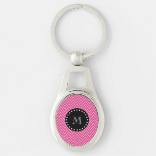 Hot Pink Chevron Pattern   Black Monogram Key Ring