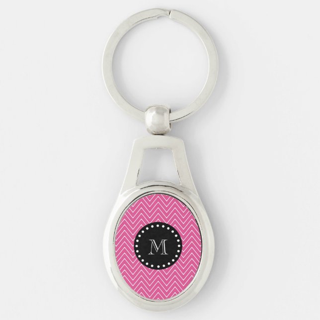 Hot Pink Chevron Pattern | Black Monogram Key Ring (Front)