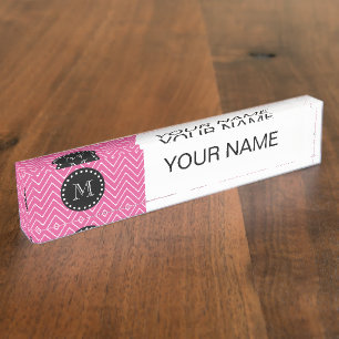 Hot Pink Chevron Pattern Black Monogram Nameplate