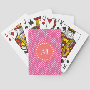 Hot Pink Chevron Pattern Coral Monogram Playing Cards